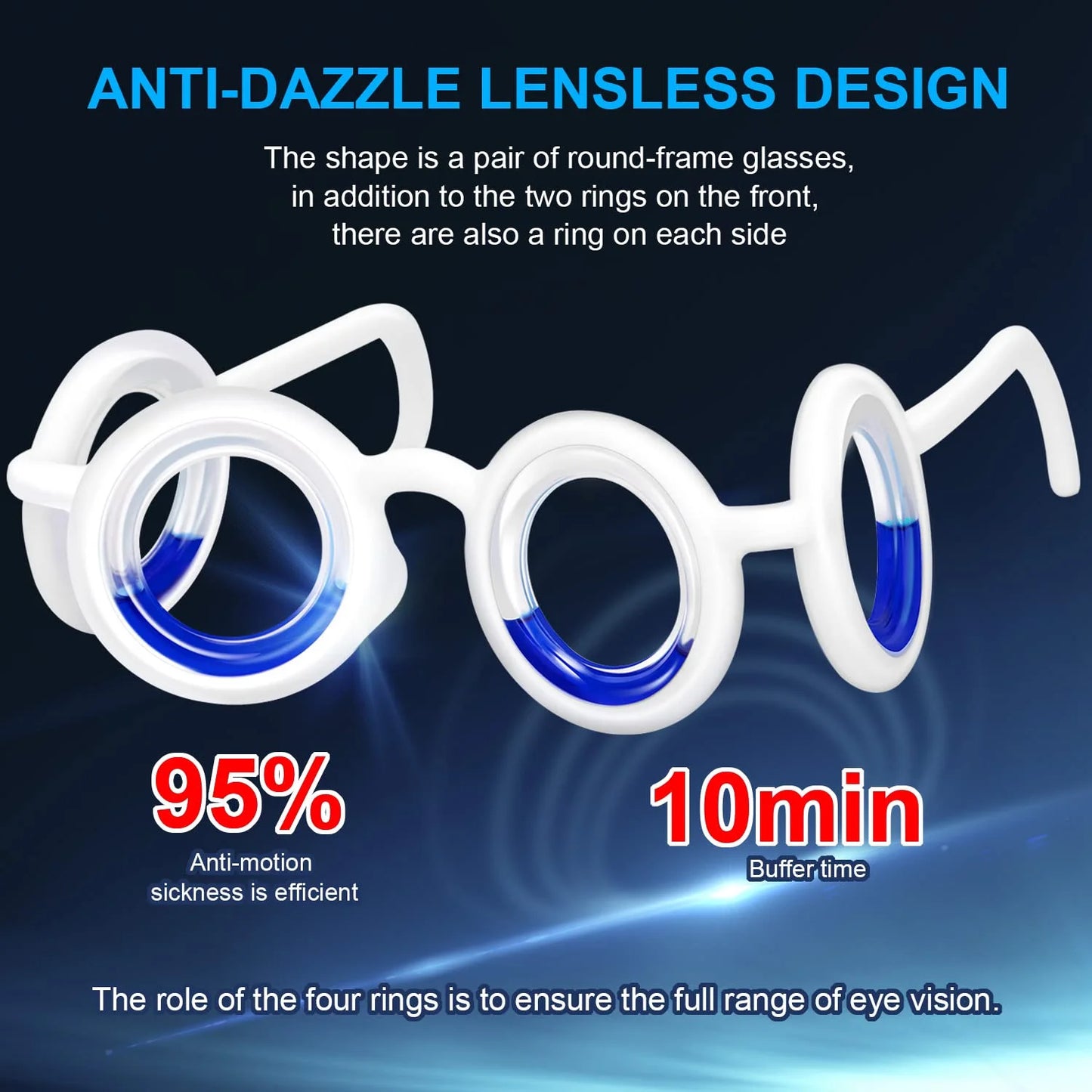 front view of motion sickness glasses featuring an innovative anti-dazzle lens design for enhanced visual comfort.
