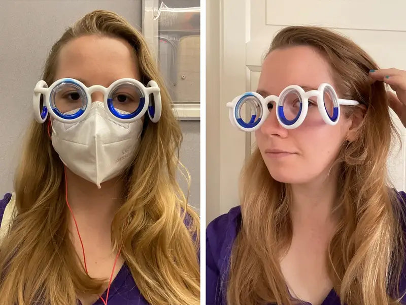 A woman wearing motion sickness glasses and a mask, depicted in two separate images.