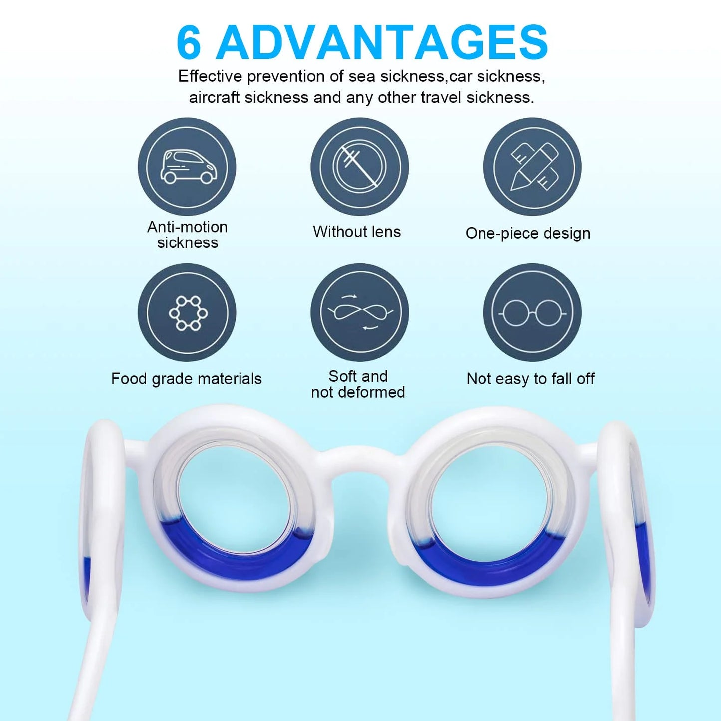 Infographic highlighting 6 benefits of motion sickness glasses, emphasizing comfort and clarity for those prone to motion sickness