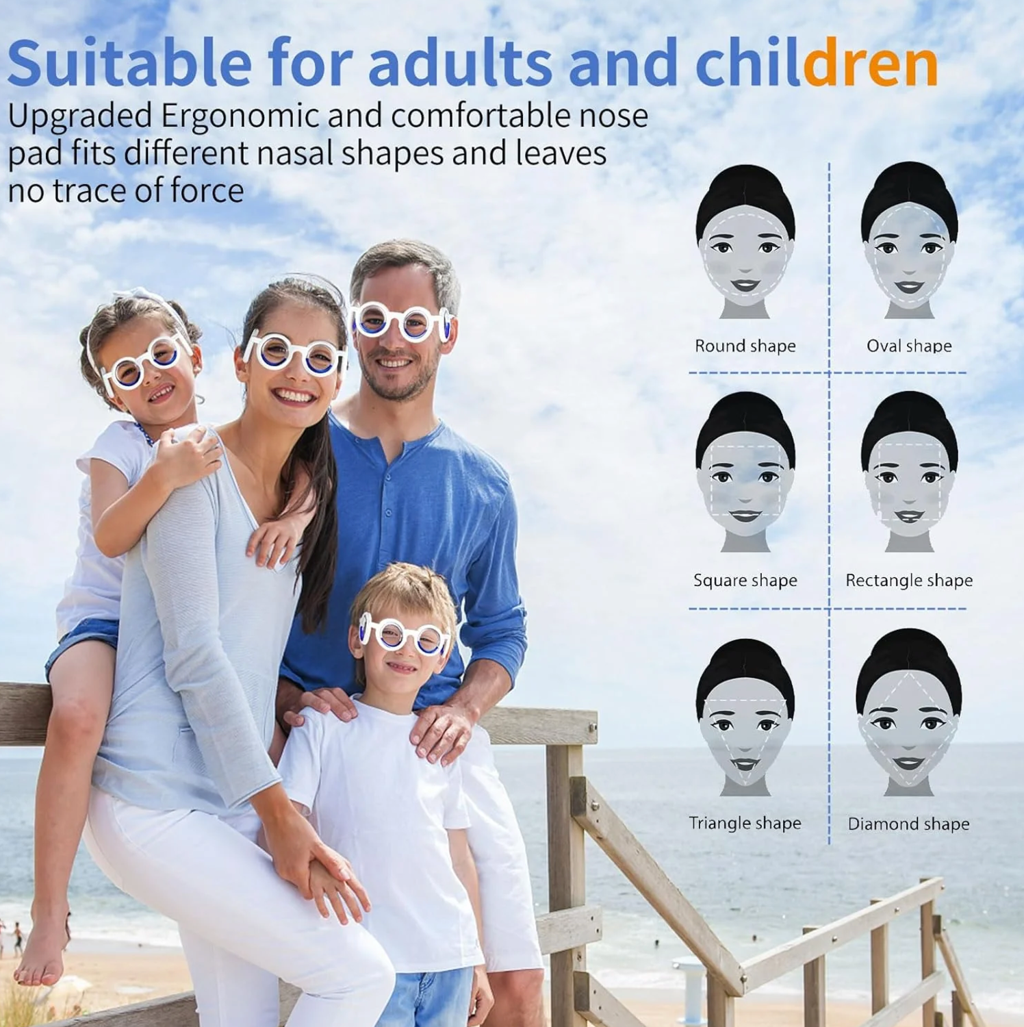 A joyful family with children on a pier, wearing motion sickness glasses featuring text that resonates with both adults and younger audiences.