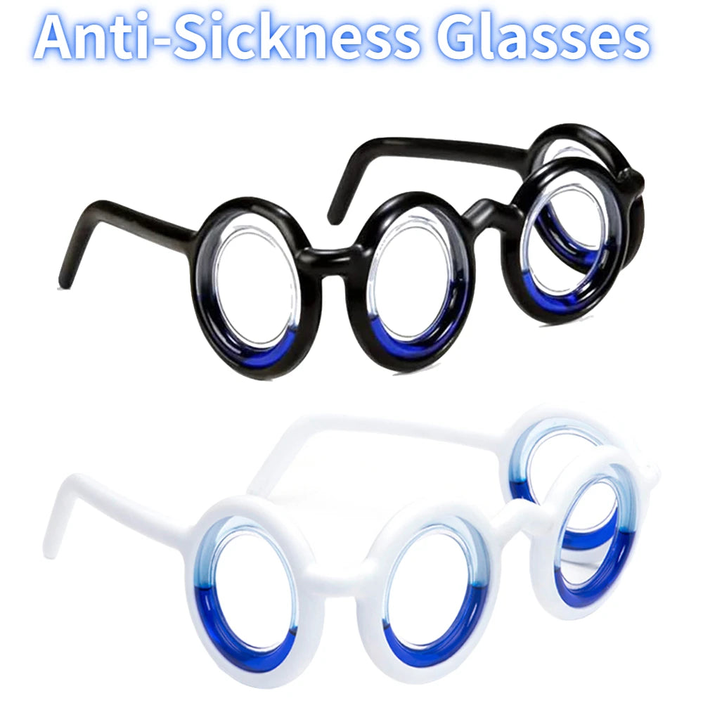 Side views of white and black motion sickness glasses