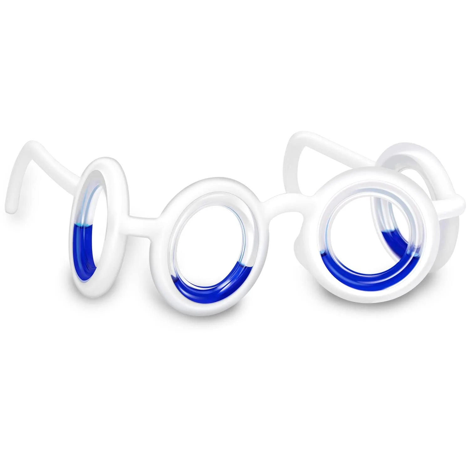 Front view of motion sickness glasses with blue liquid-filled rims, designed for natural relief from car sickness, boating, and gaming discomfort.