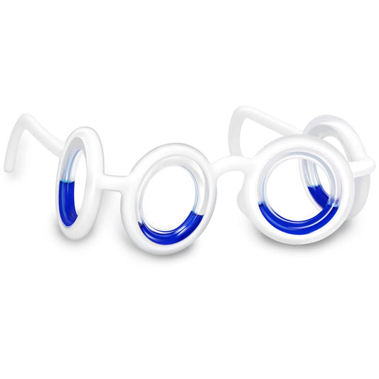 Front view of motion sickness glasses with blue liquid-filled rims, designed for natural relief from car sickness, boating, and gaming discomfort.